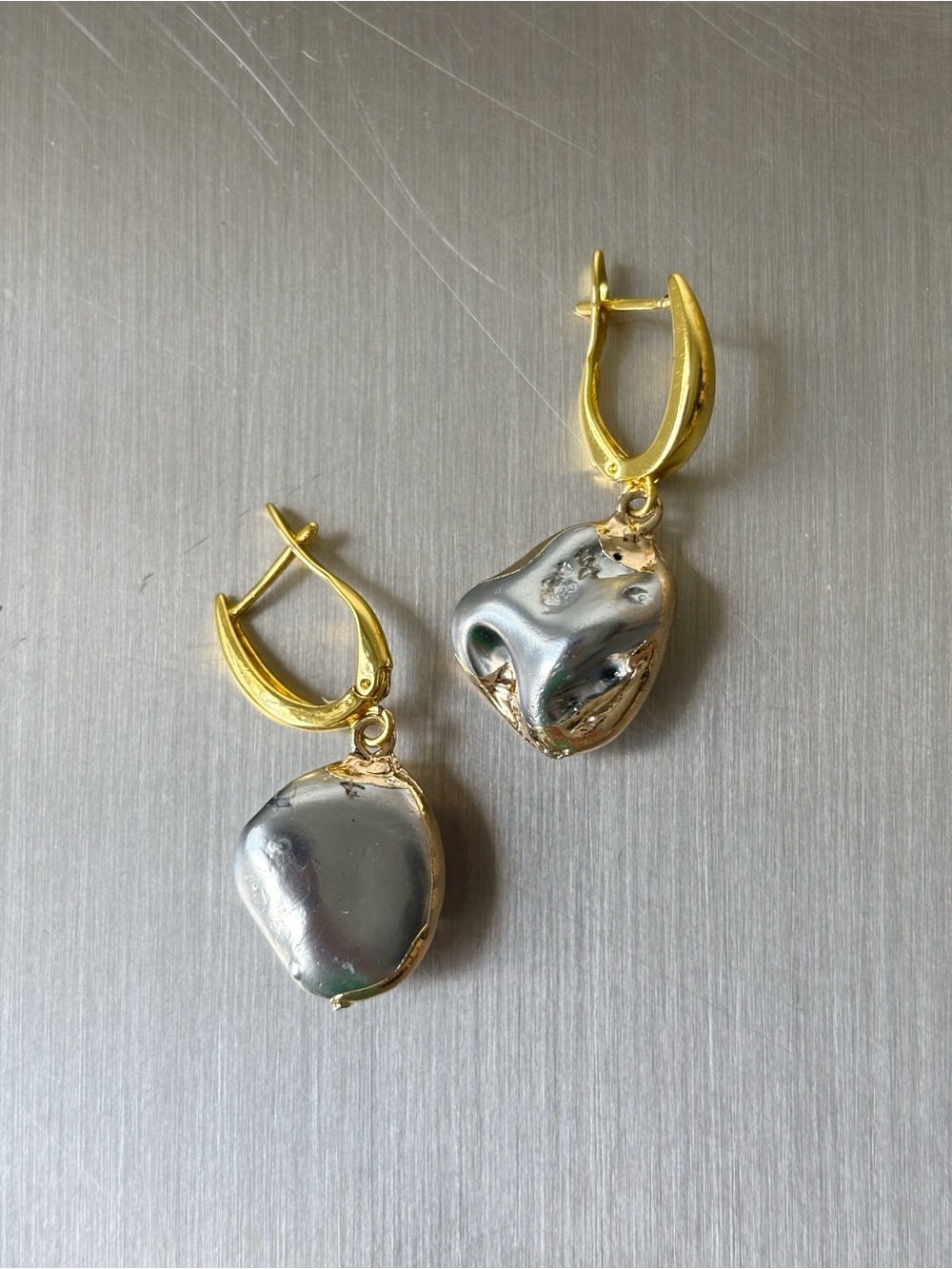 Gold Hoop Drop Earrings with Grey Painted Charms
